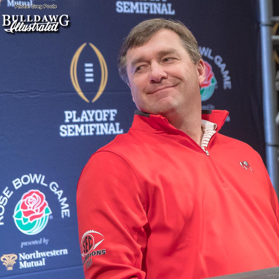 Kirby Smart cracks a smile during his Saturday morning Rose Bowl press conference, Dec. 30, 2017