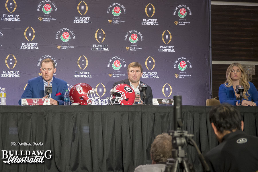 Rose Bowl joint head coaches press conference with Oklahoma Head Coach Lincoln Riley and Georgia Head Coach Kirby Smart - Sunday, Dec. 31, 2017 -