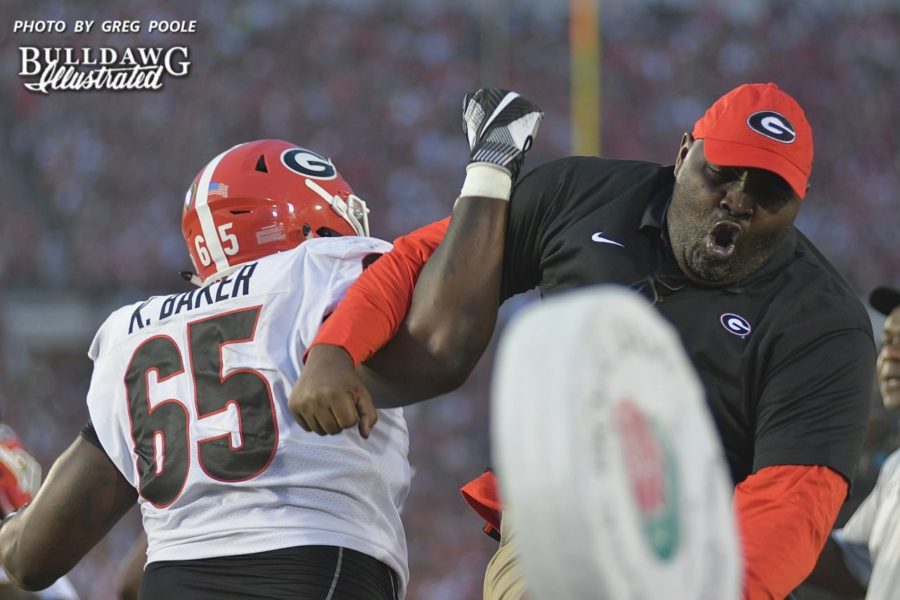 Kendall Baker (65) celebrates with Georgia coaching staff member - Rose Bowl, second-half, Monday, Jan. 1, 2018 -