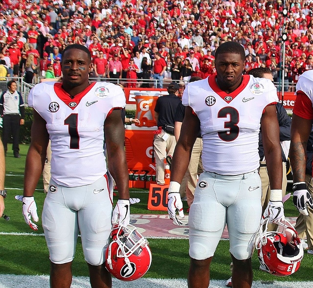 Two of Georgia's four captains for the 2018 Rose Bowl game Sony Michel (1) and Roquan Smith (3) -  (Photo by Rob Saye)