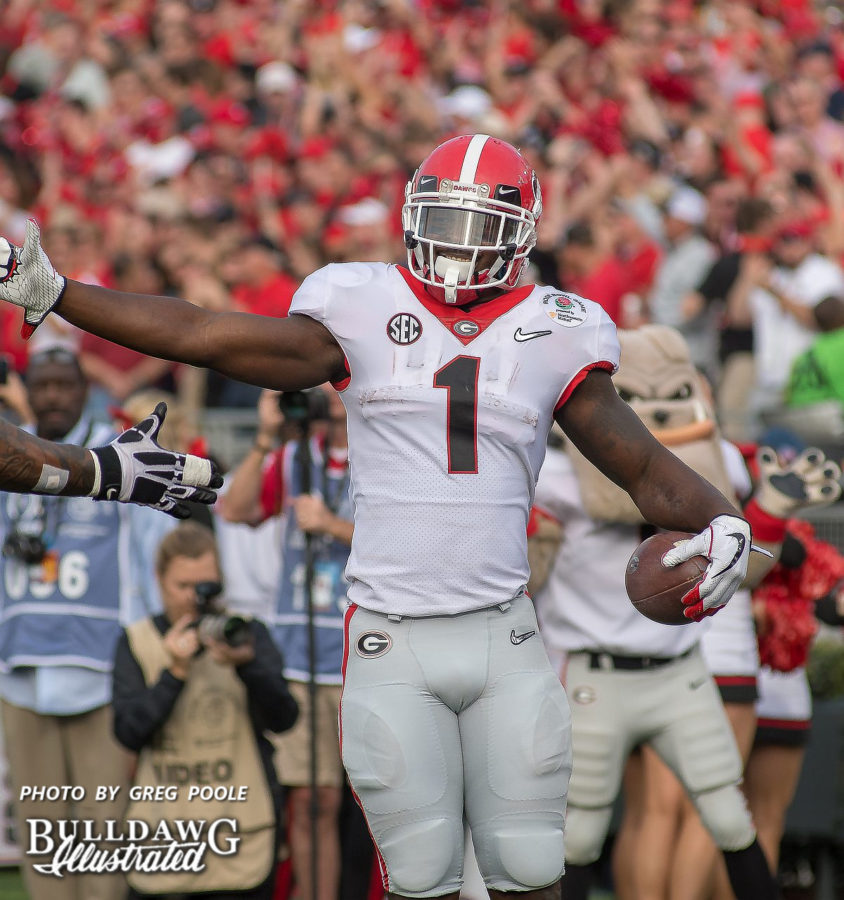 Georgia tailback Sony Michel (1) celebrates a touchdown run during the Bulldogs 54-48 double-overtime Rose Bowl win versus Oklahoma on Monday, Jan. 1, 2018. (Photo: Greg Poole/Bulldawg Illustrated)