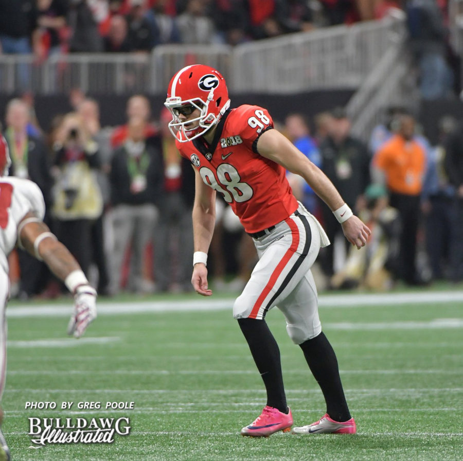 Georgia's Rodrigo Blankenship lines up to kick one of his three field goals on the night for the Bulldogs in the 2018 College Football Playoff National Championship game, Mon., Jan. 8, 2018.