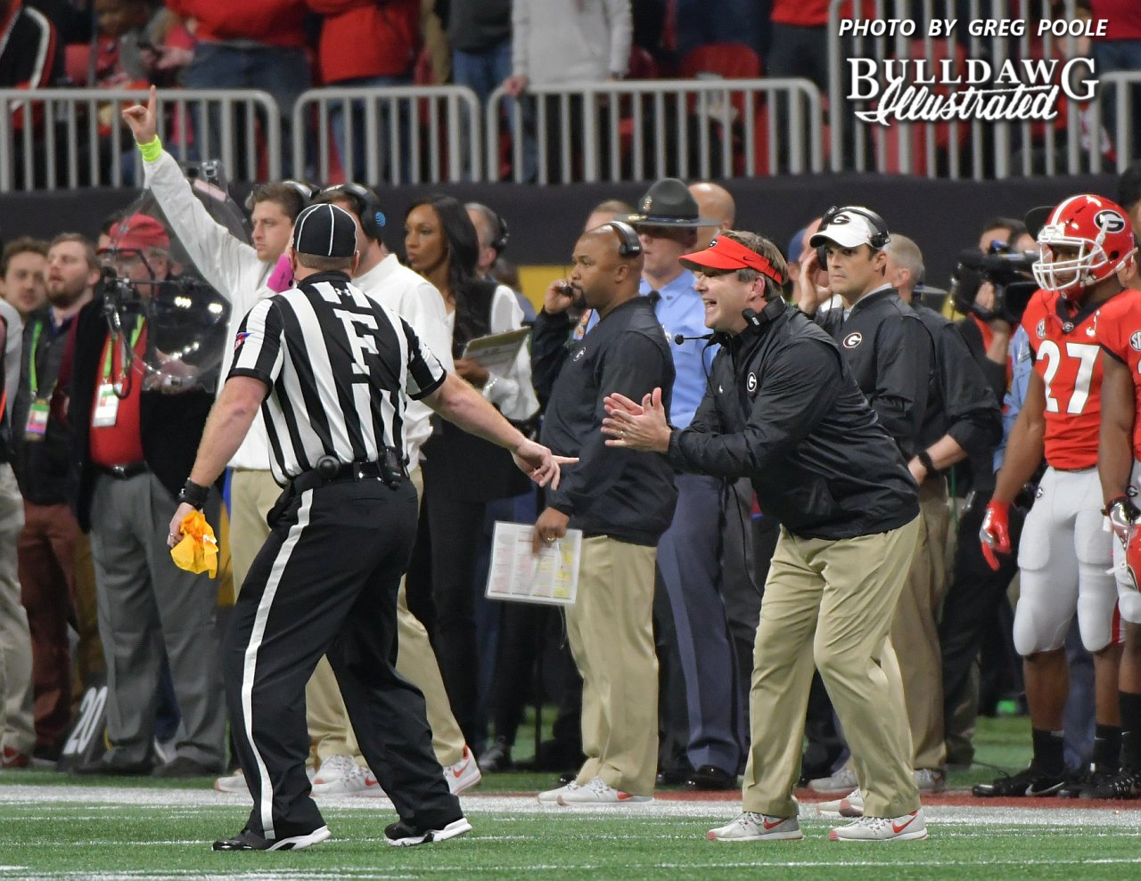 Kirby Smart pleads his case with a Big 10 referee during the first-half of the National Championship game. - Mercedes-Benz Stadium, Atlanta, GA - Monday, Jan. 8, 2018