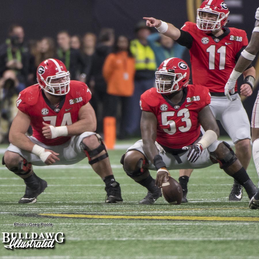 Jake Fromm (11) directs the Georgia offense in the National Championship game on Monday, Jan. 8, 2018.