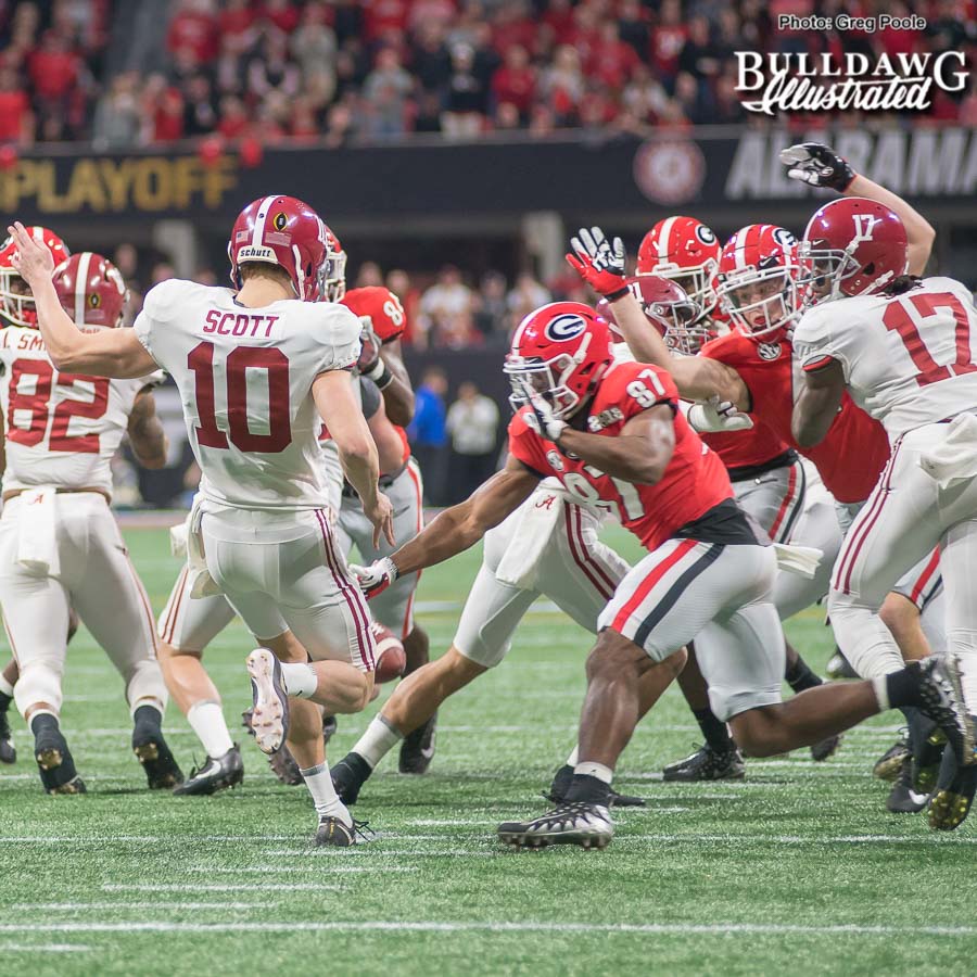 Tyler Simmons (87) uses his speed to block an Alabama punt attempt but was ruled off sides, although, replay shows he was not.