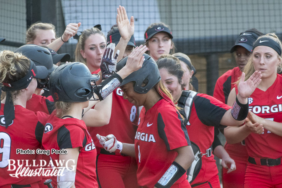 Ciara Bryan is greeted at home plate after her homer – Georgia vs. Charleston – February 23, 2018