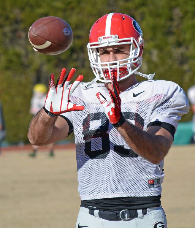 Tight end Jeb Blazevich runs a drill during a Belk Bowl practice at Charlotte Country Day School in Charlotte, N.C., on Friday, Dec. 26, 2014. (Photo by Steven Colquitt)