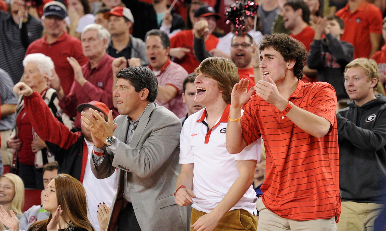Fans support the Bulldogs during an NCAA men's basketball game between the University of Mississippi and the University of Georgia on Tuesday, January 20, 2015 in Athens, Ga. (Photo by John Kelley)