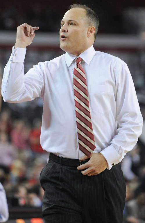 Head coach Mark Fox speaks with the team during an NCAA men's basketball between the University of Mississippi and the University of Georgia on Tuesday, January 20, 2015 in Athens, Ga. (Photo by Sean Taylor)
