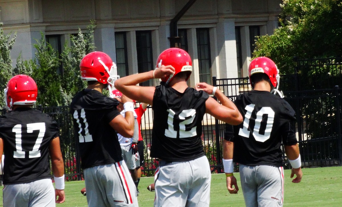 UGA Quarterbacks - Fall Practice 2015. From left to right: No.17 Nick Robinson, No.11 Greyson Lambert, No.12 Brice Ramsey, No.10 Faton Bauta. Picture by Greg Poole/Bulldawg Illustrated.