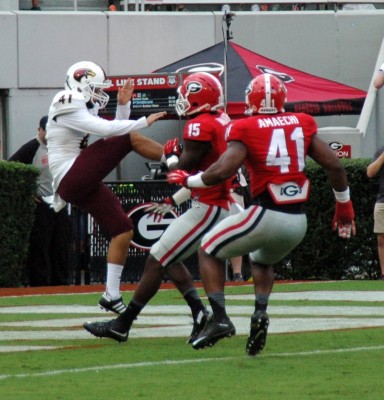 UGA special teams with pressure on ULM punter, September 5, 2015 (Photo by Greg Poole / Bulldawg Illutrated)