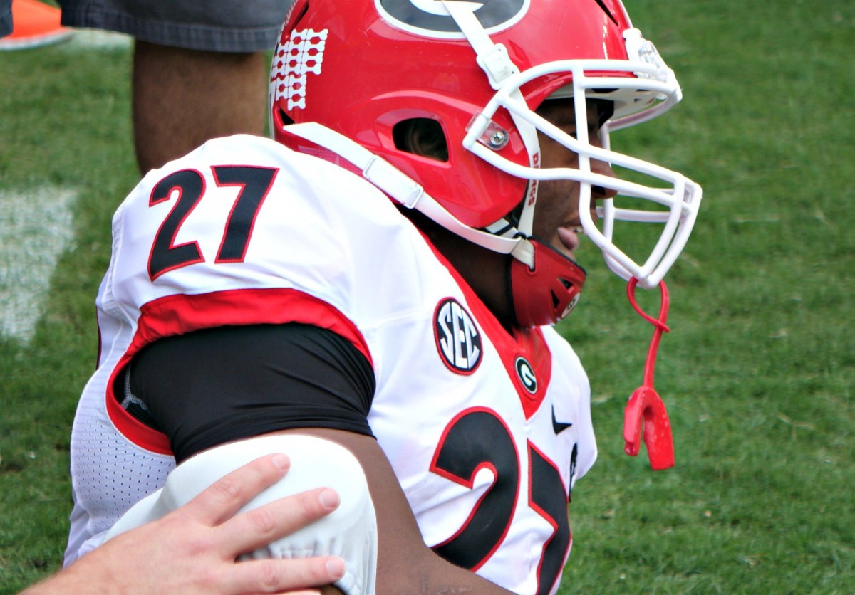 Nick Chubb usually after injury. Photo: Greg Poole/Bulldawg Illustrated