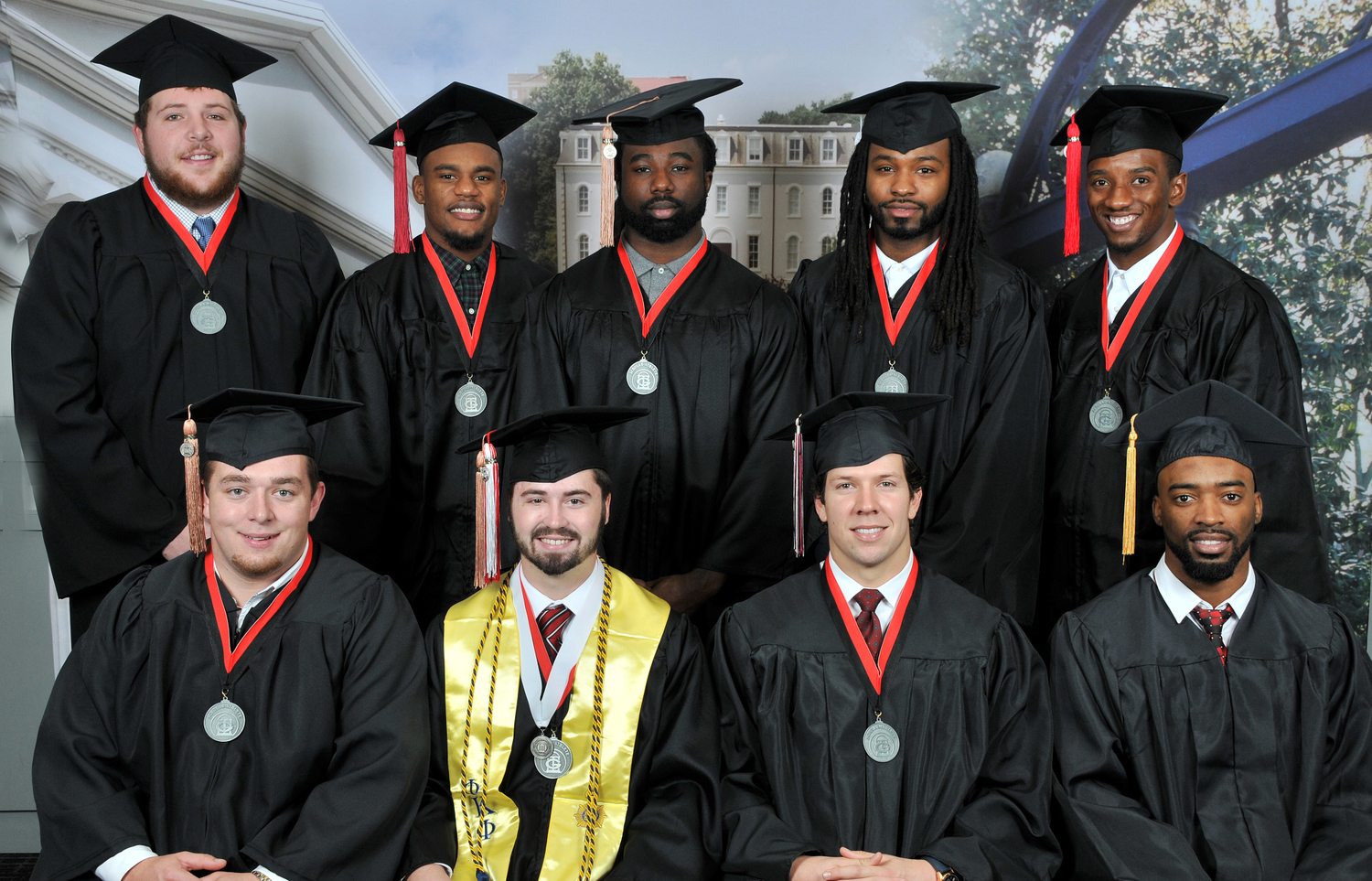 Front row (L to R): Cameron Faulkner, Patrick Beless, Ben Souther and Rantavious Wooten.  Back row (L to R): Hunter Long, Devin Bowman, Keith Marshall, Kennar Daniels-Johnson and Malcolm Mitchell.  Photo by Dan Evans