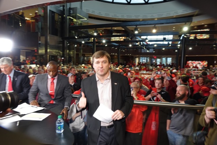 Coach Kirby Smart - gives a thumbs up - National Signing Day 2016 at Butts-Mehre, Athens, GA (Photo: Greg Poole/Bulldawg Illustrated)