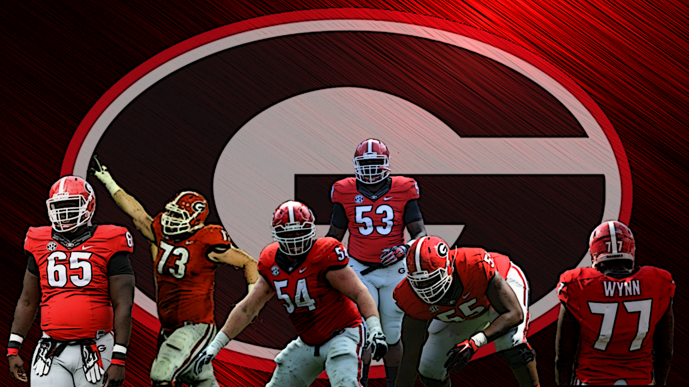 (left to right) No.65 Kendall Baker, No.73 Greg Pyke, No.54 Brandon Kublanow, No.54 Lamont Gaillard, No.55 Dyshon Sims, No.77 Isaiah Wynn (edit by Bob Miller) (photos by UGA)