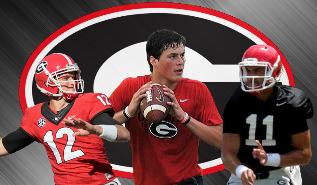 (left) No.12 Brice Ramsey, (middle) Jacob Eason, (right) No.11 Greyson Lambert (2016 UGA quarterbacks edit by Bob Miller)