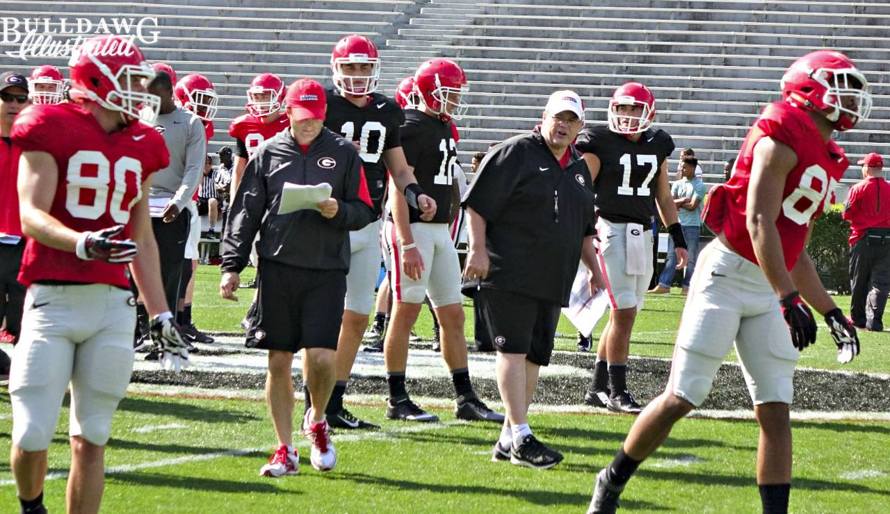 Offensive coordinator Jim Chaney oversees a drill