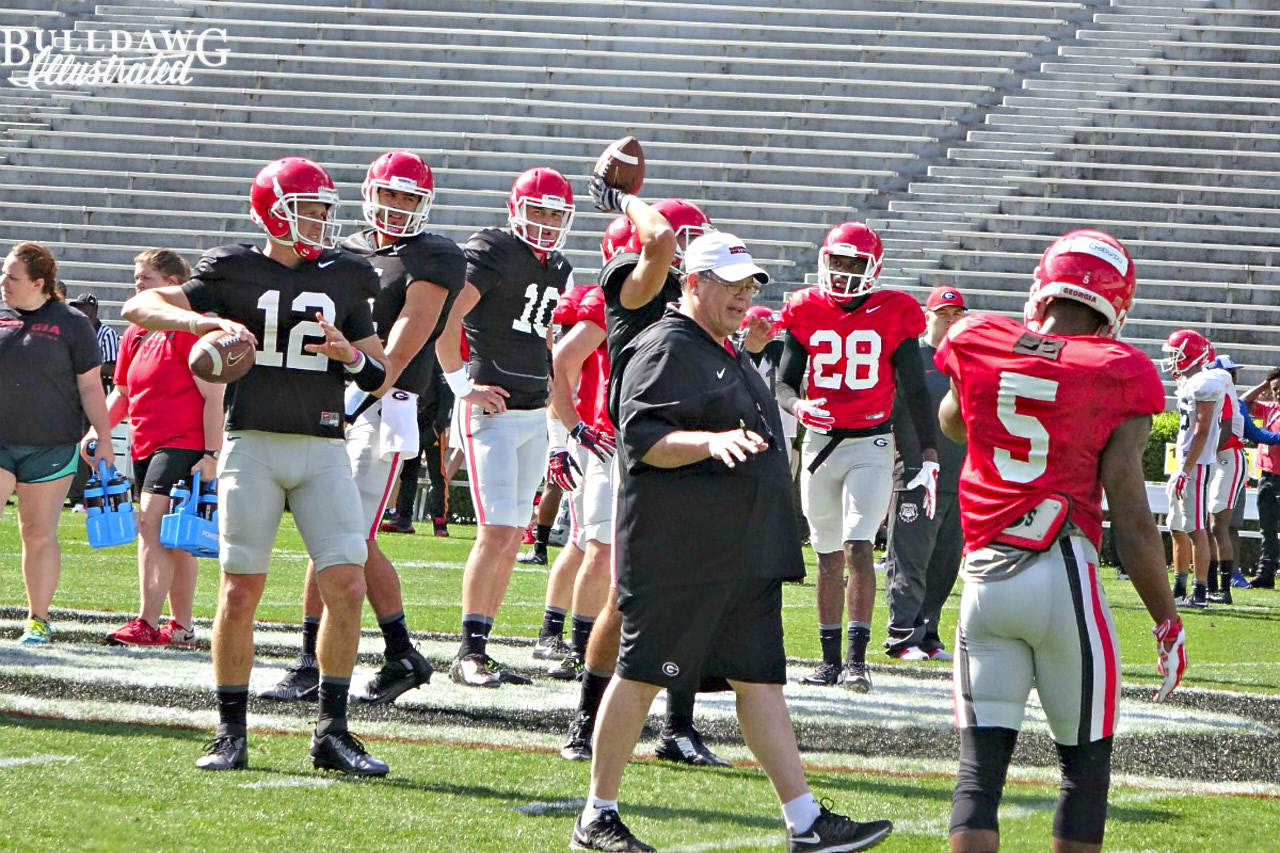 Offensive coordinator Jim Chaney talks to Terry Godwin (5)