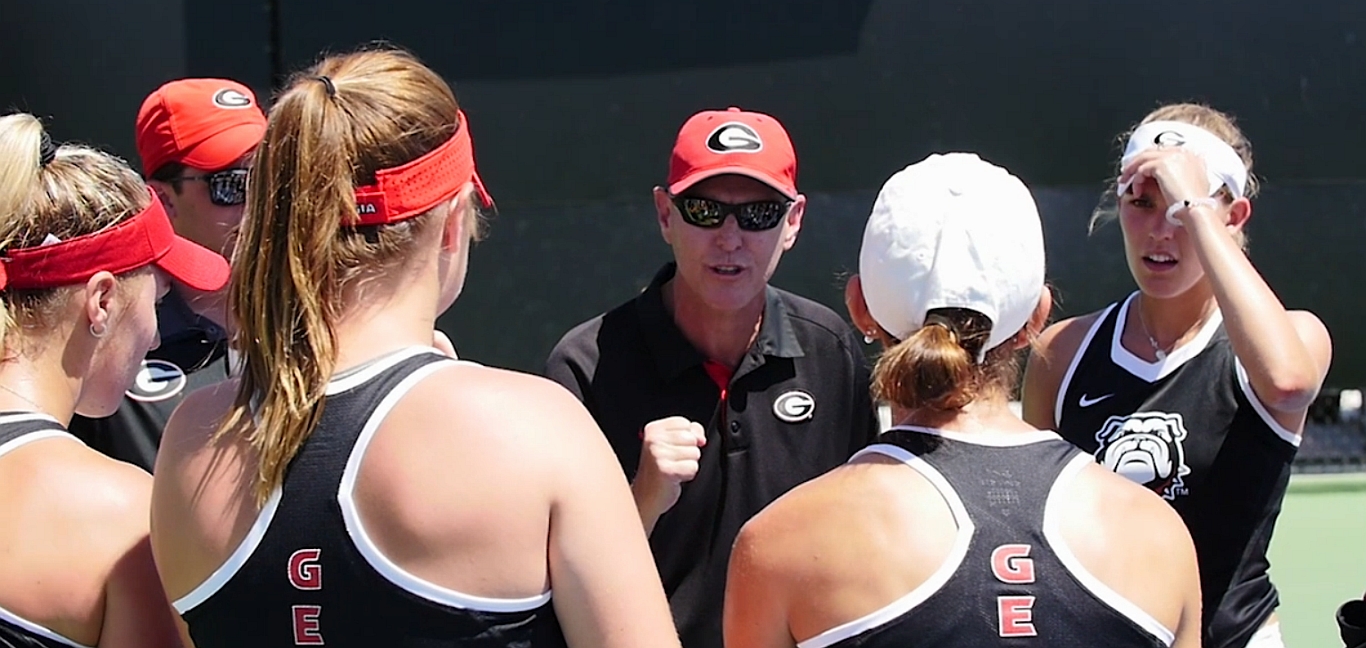 Head Coach Jeff Wallace talks to UGA women's tennis team during 2016 SEC Championship Tournament semi-finals. (Photo screen capture of UGA video)