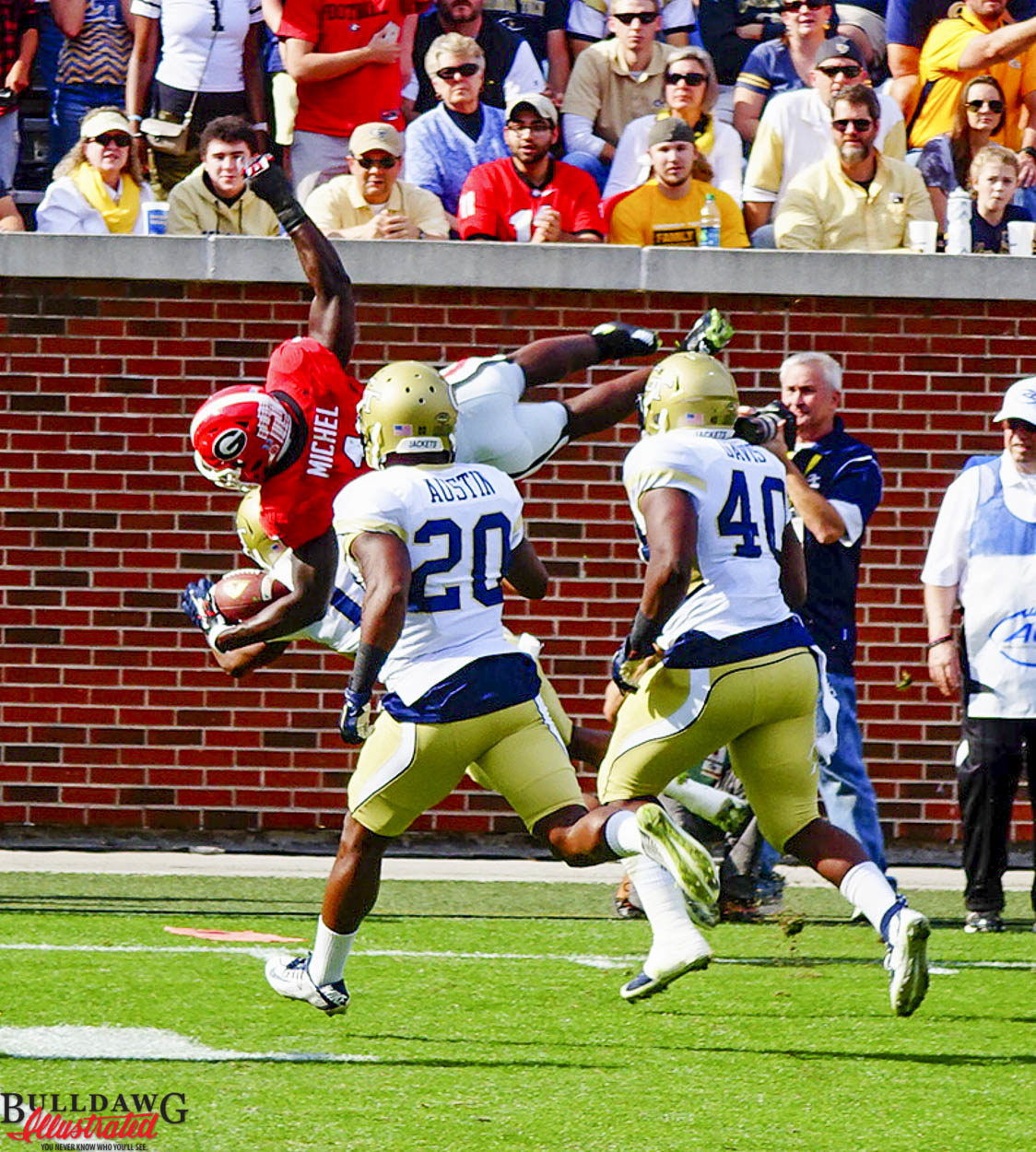 Sony Michel flips at the tech 10 yard line – 2015