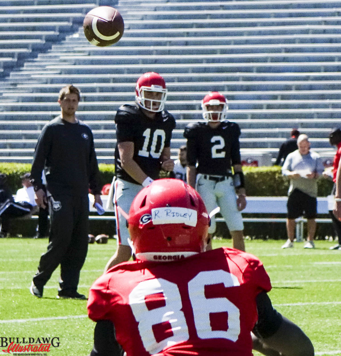 Jacob Eason to Riley Ridley (now wearing no. 8) - Spring 2016 Photo: Greg Poole/Bulldawg Illustrated