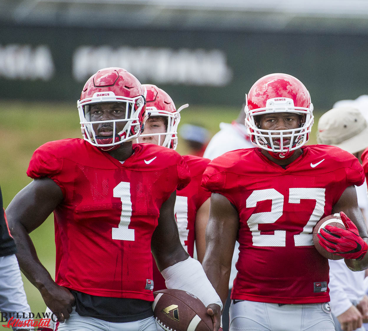 No.1 RB Sony Michel and No.27 RB Nick Chubb - Practice No.8 on Day 10 of Fall Camp (Photo by Bulldawg Illustrated's Greg Poole)