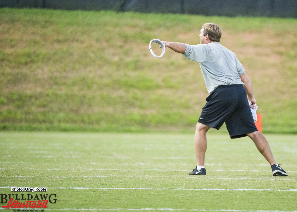 Coach Kirby Smart getting after his players and coaching them up - Monday 08-15-2016 fall camp