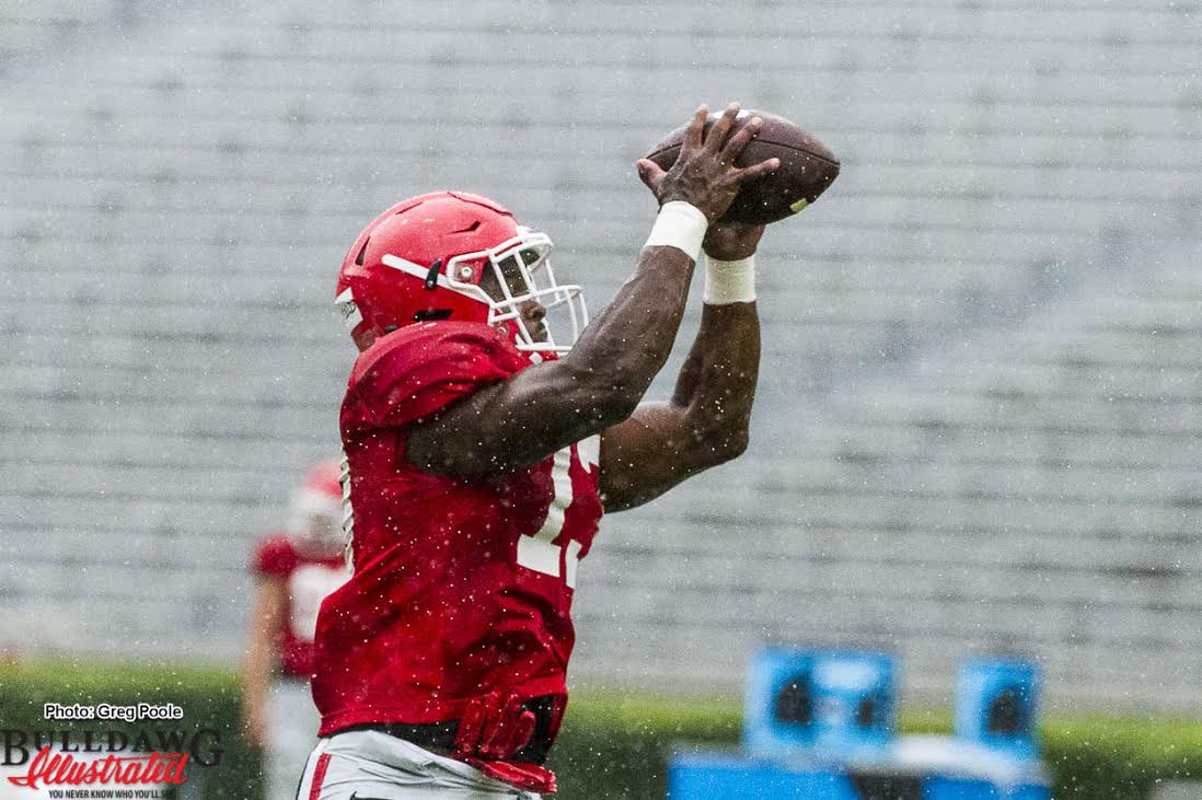 Georgia running back Elijah Holyfield finishes a football drill