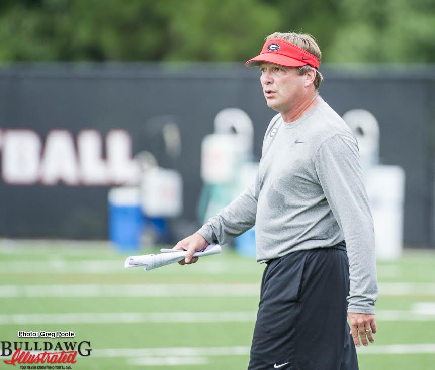 Kirby Smart looks as team warms-up and drills for practice on day 24 of fall camp