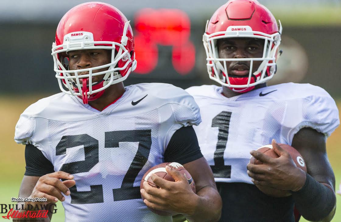 Nick Chubb (27) with fellow junior RB Sony Michel (1)
