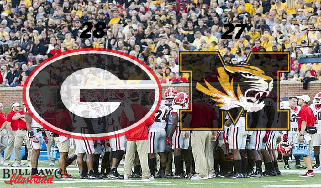 Georgia defense huddles on sideline with coaches after timeout in Georgia vs Missouri game - Photo by Greg Poole (Edit by Bob Miller)