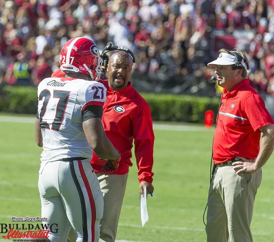 Nick Chubb with RB Coach Dell McGee and Head Coach Kirby Smart - Georgia vs South Carolina, Oct 9, 2016 (photo by Greg Poole)