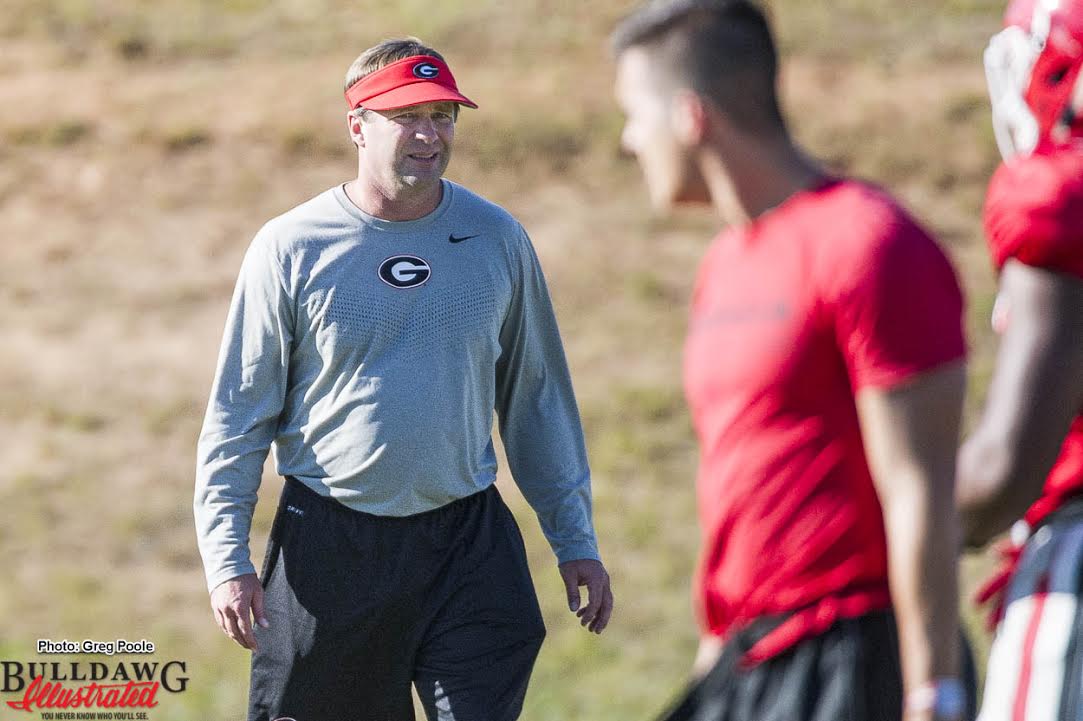 Kirby Smart looks on as the team practices on Tuesday afternoon