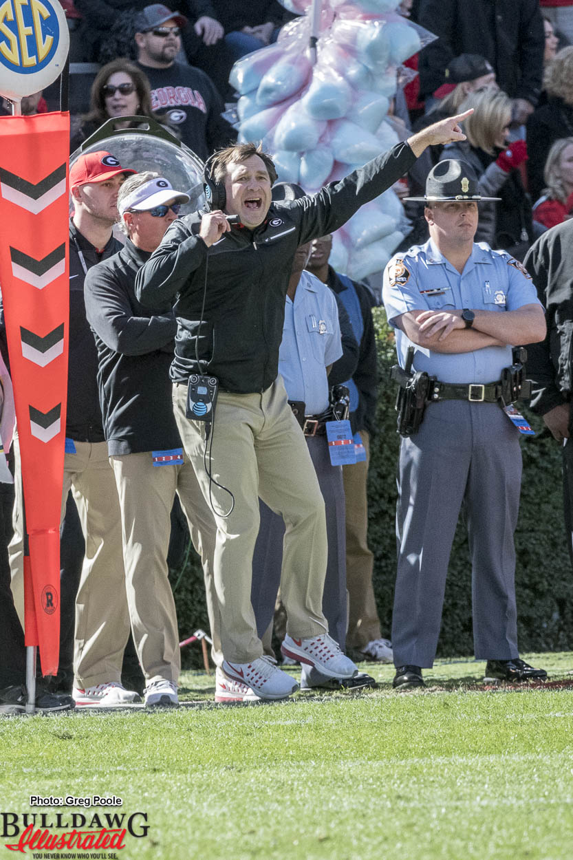 Kirby Smart gets air while gesturing to his team during Georgia's win against ULL.