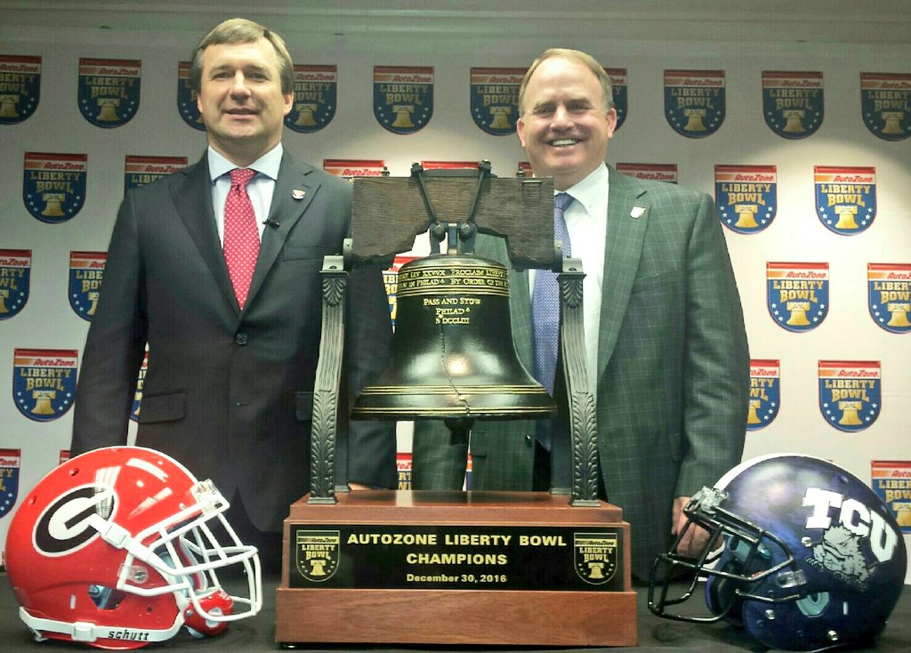 Photo from from Autozone Liberty Bowl / Twitter: Kirby Smart (left) and Gary Patterson (right)