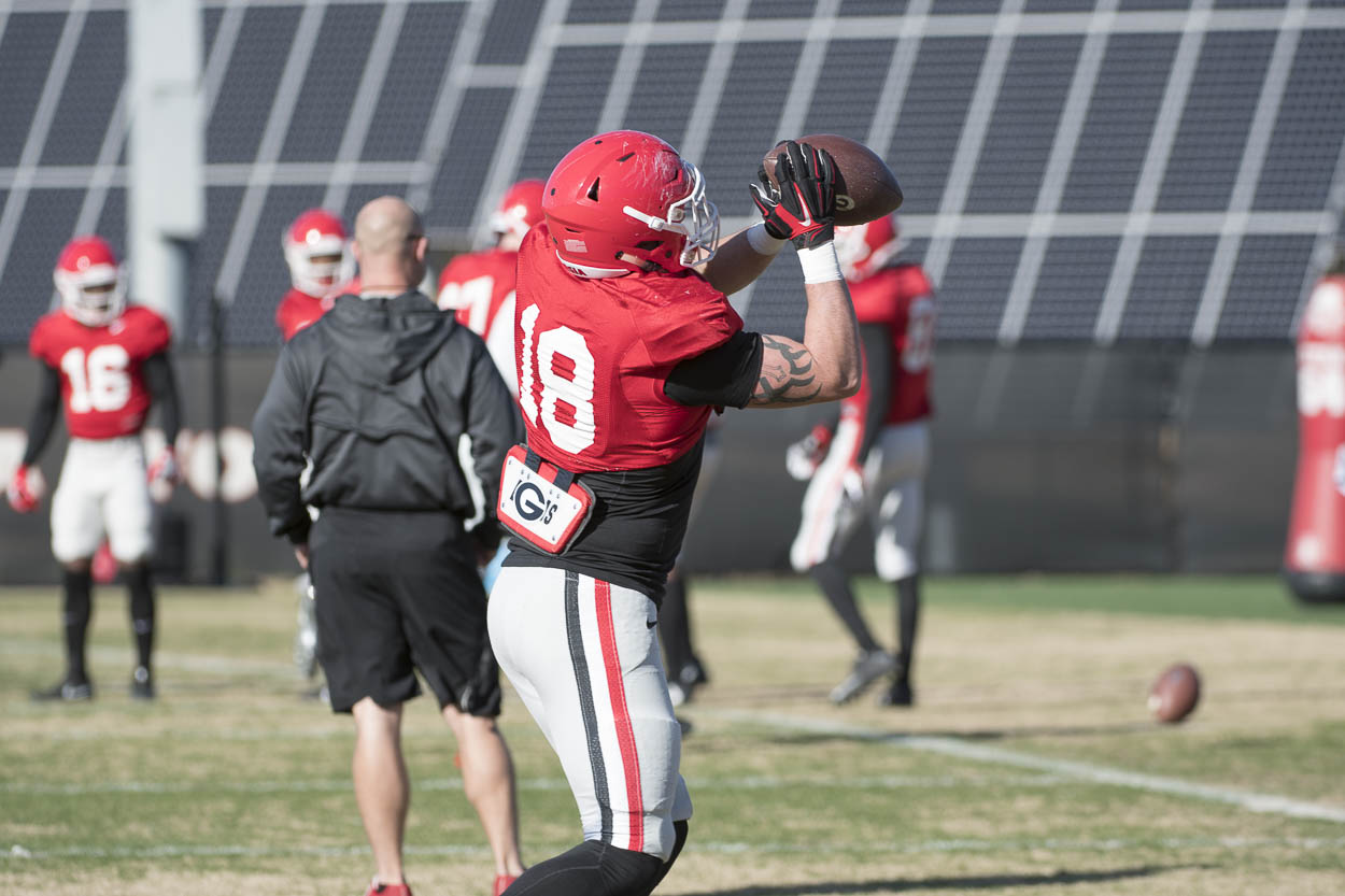 Issac Nauta (18) catches a pass in practice.