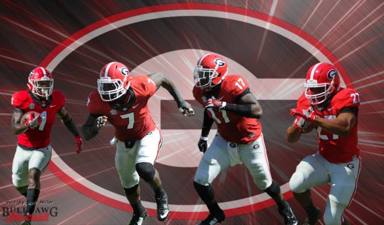 Sony Michel (1), Lorenzo Carter (7), Davin Bellamy (17), and Nick Chubb (27) edit by Bob Miller