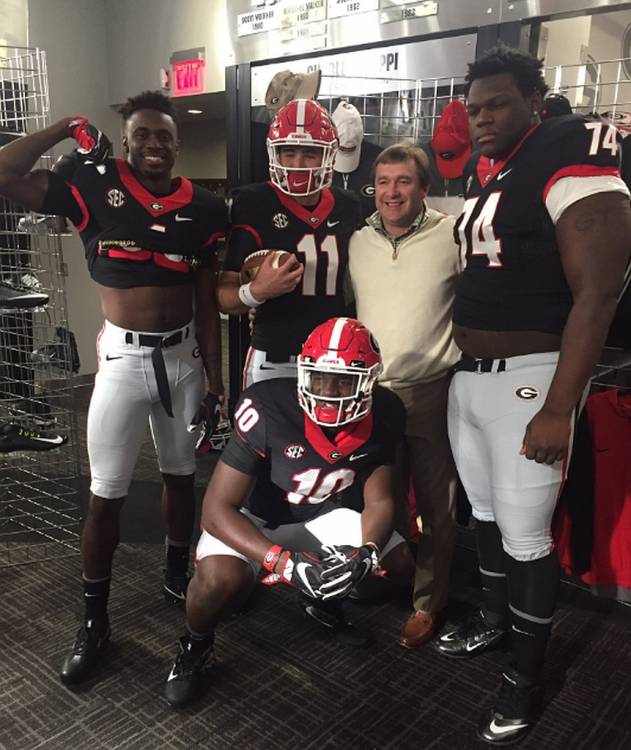 Jeremiah Holloman (1), Malik Herring (10), Jake Fromm (11), and Isaiah Wilson (74) with Georgia Head Coach Kirby Smart (photo from Jake Fromm - Twitter)