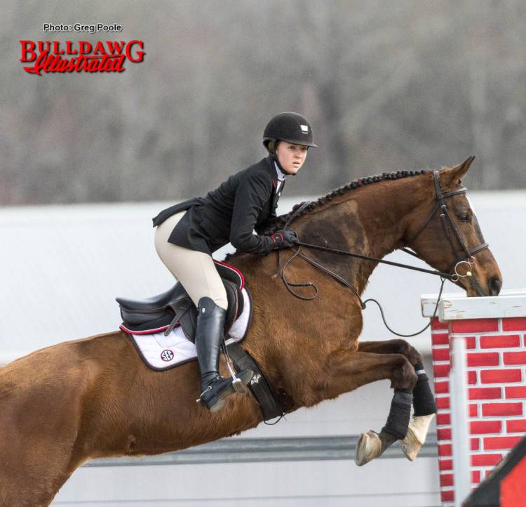 Georgia equestrian team rider and horse compete against South Carolina on Friday afternoon at the UGA Equestrian Complex, Bishop, GA