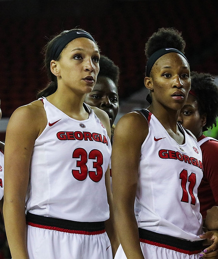 Georgia's Mackenzie Engram (33) and Pachis Roberts (11), during the Bulldogs' game against Alabama, at Stegeman Coliseum in Athens, Ga., on Thursday, February 23, 2017 (Photo by Cory A. Cole)