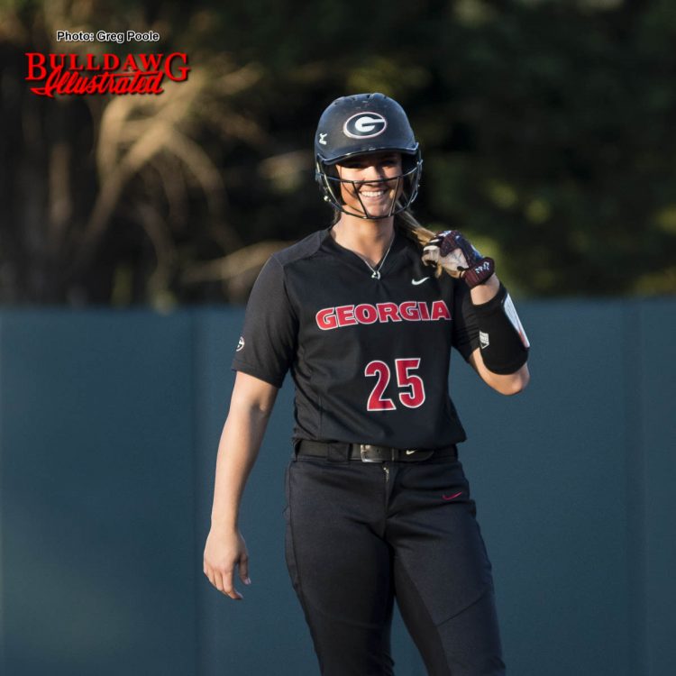 Lacey Sumerlin smiles at 2nd base after driving in Cortni Emanuel – Georgia vs. Auburn – April 1, 2017