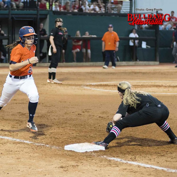 Look carefully and you can just see the yellow softball and Alysen Febrey's glove – Georgia vs. Auburn – April 1, 2017