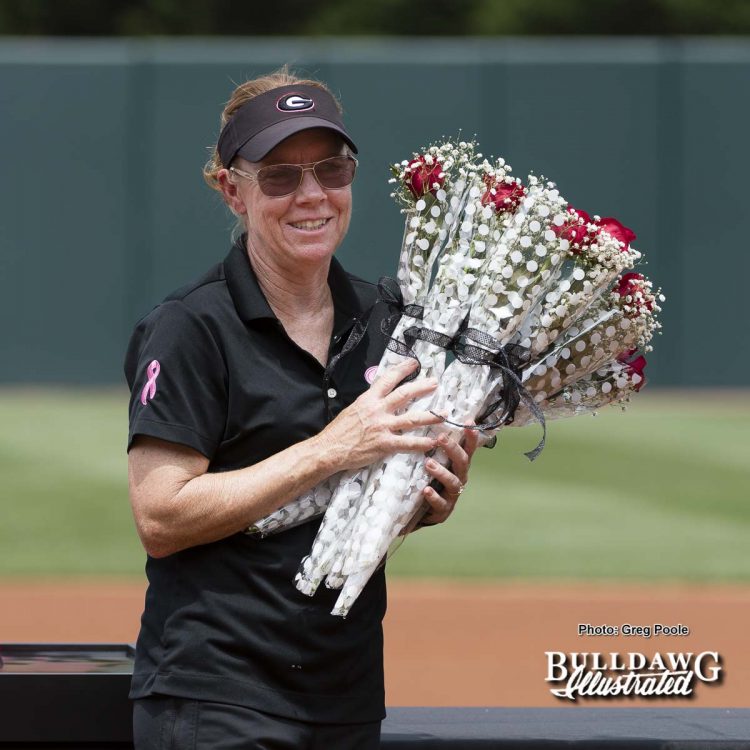 Head softball coach Lu Harris-Champer's with roses for the senior players – Georgia vs. South Carolina – April 29, 2017