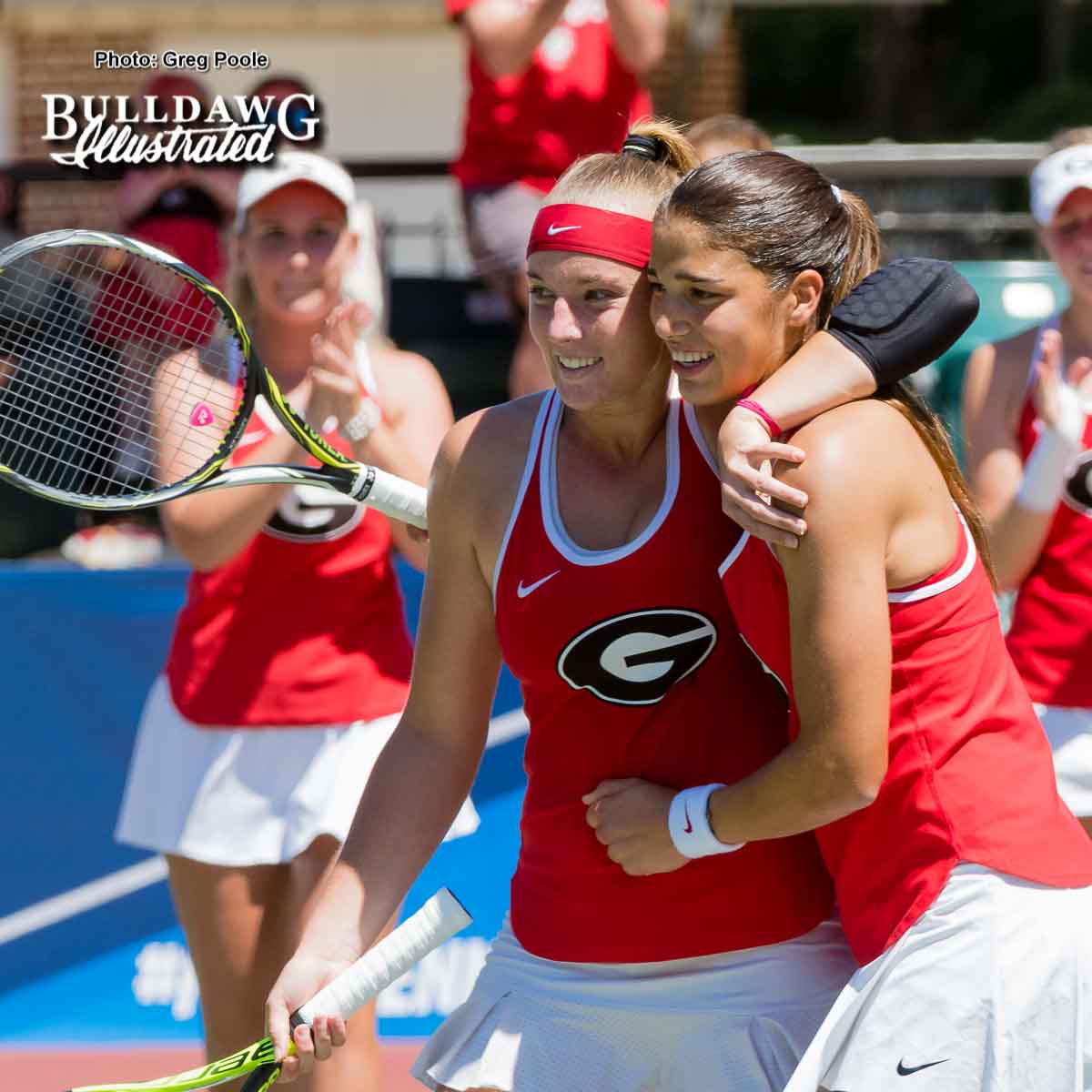 Kennedy Shaffer (L) and Elena Christofi celebrate after giving Georgia the doubles point – Georgia vs. North Carolina State - May 14, 2017