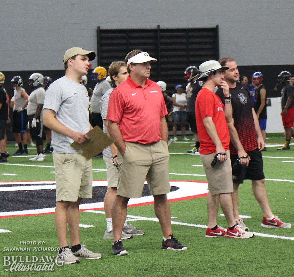 Georgia Head Coach Kirby Smart looks on at recruits attending his football camp at UGA