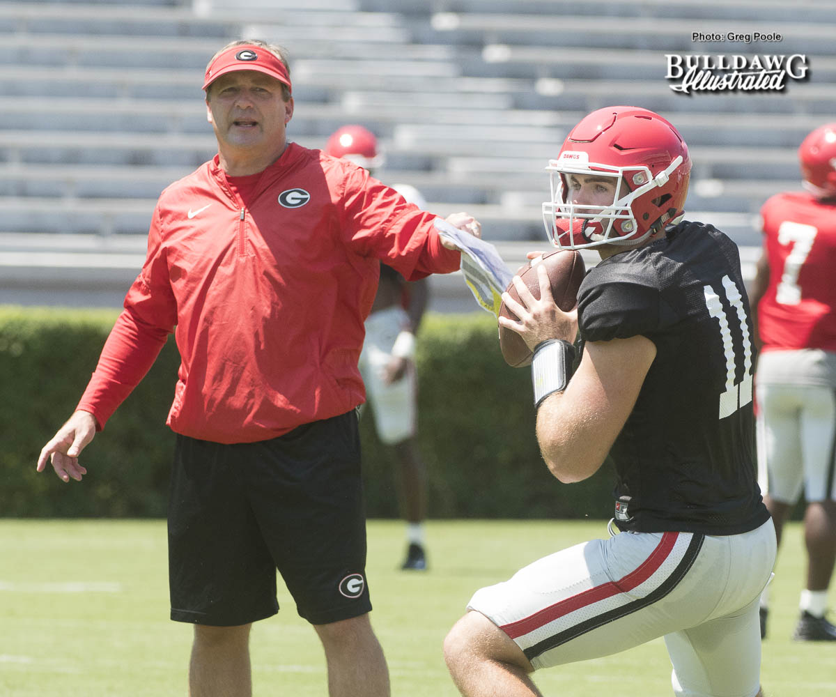 Kirby Smart looks on as his freshman QB Jake Fromm (11) goes through drills during UGA's second scrimmage of Fall Camp - Saturday, August 19, 2017 -ng-UGAs-second-scrimmage-of-Fall-Camp