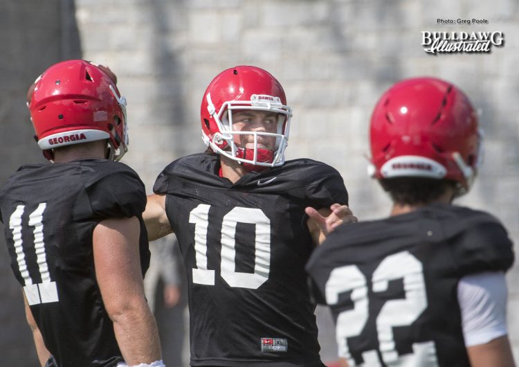 Three Bulldog Gunslingers - Jake Fromm (11), Jacob Eason (10), and Stetson Bennett (22) - UGA Fall Camp - Practice No. 20 - Tuesday, August 22, 2017