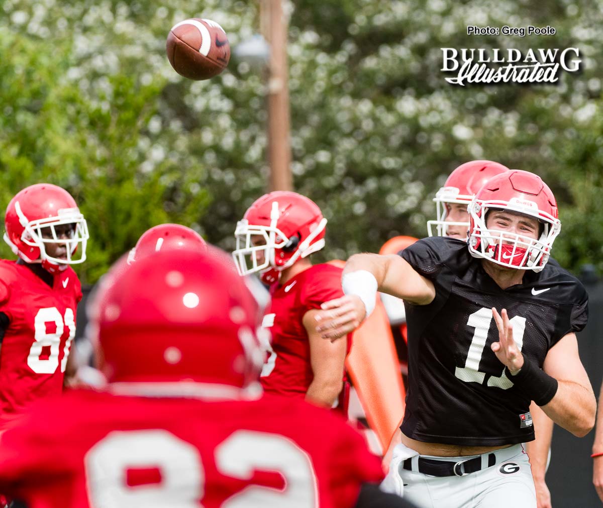 The freshman QB Jake Fromm (11) lets one rip - UGA football practice, Monday, Aug. 28, 2017 -