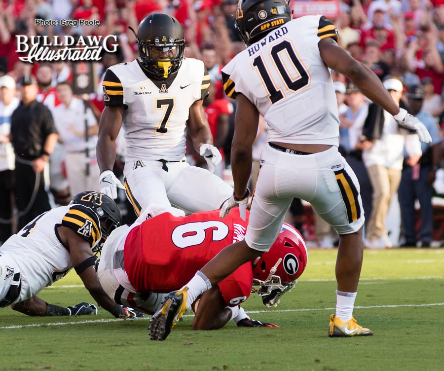 Javon Wims (6) hangs on for the tough catch in traffic - Appalachian State vs. UGA - Saturday, Sept. 2, 2017