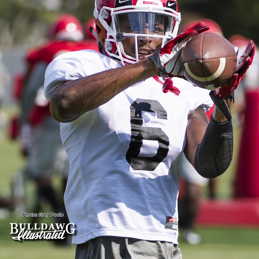 Javon Wims looks the ball in. - Note, the UGA offense wore white in Monday's practice for Notre Dame - Sept. 4, 2017